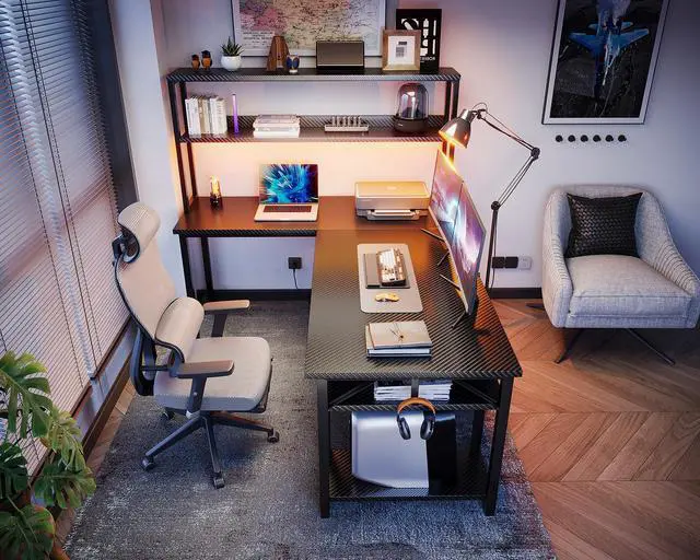 Alt view image 7 of 7 - 53" L Shaped Gaming Desk with Hutch & Headphone Hook, Corner Computer Table with Storage Shelves for Home Office, Black