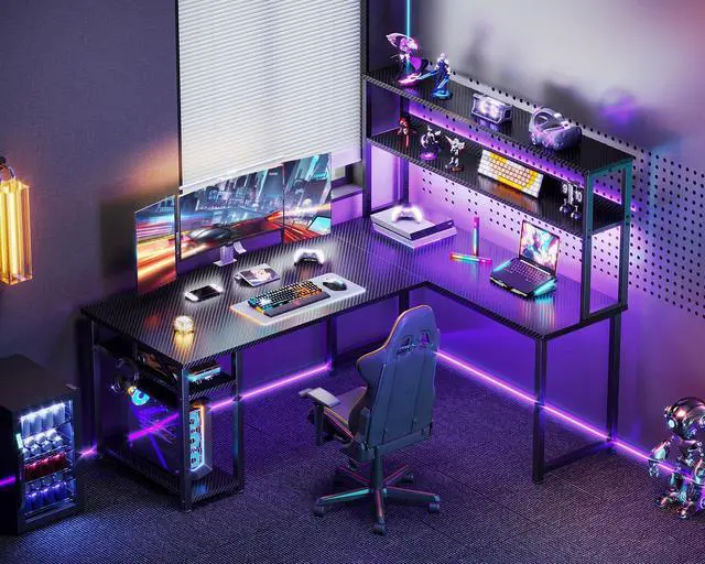 Alt view image 6 of 7 - 53" L Shaped Gaming Desk with Hutch & Headphone Hook, Corner Computer Table with Storage Shelves for Home Office, Black