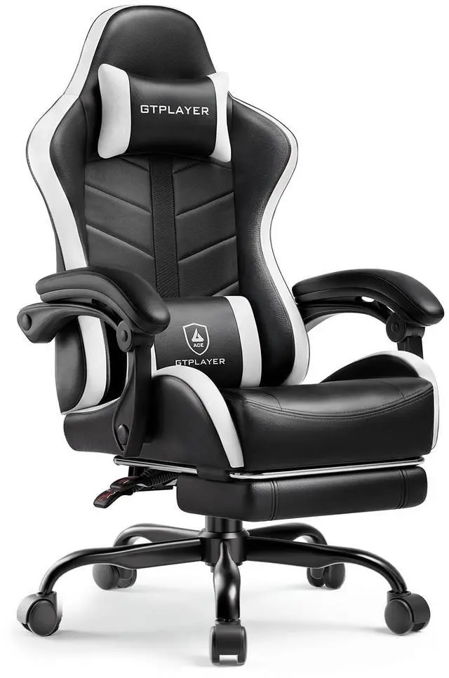 Main image of Gaming Chair for Adults, Ergonomic Computer Gaming Chair with Footrest, Height Adjustable, 90-155° Recline & Removable Headrest Lumbar Support, Snow White