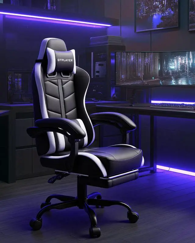 Alt view image 2 of 6 - Gaming Chair for Adults, Ergonomic Computer Gaming Chair with Footrest, Height Adjustable, 90-155° Recline & Removable Headrest Lumbar Support, Snow White