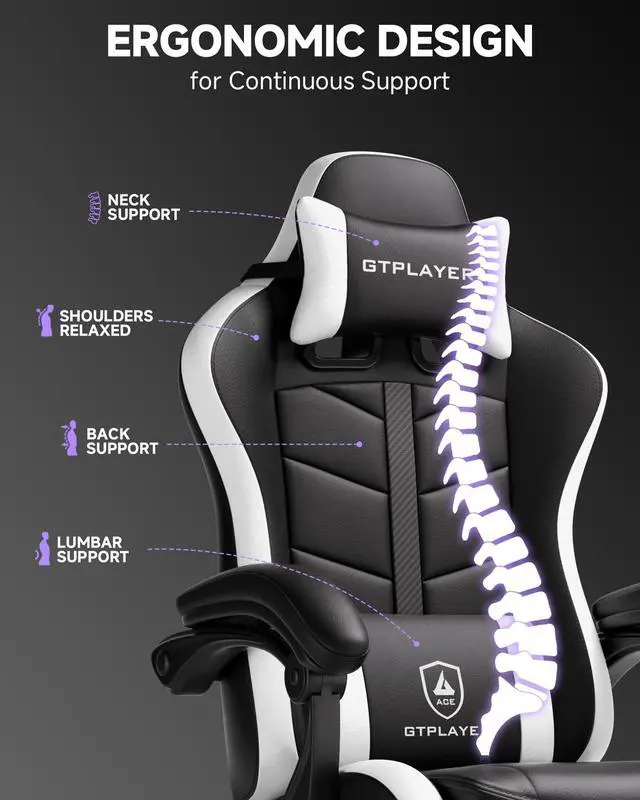 Alt view image 3 of 6 - Gaming Chair for Adults, Ergonomic Computer Gaming Chair with Footrest, Height Adjustable, 90-155° Recline & Removable Headrest Lumbar Support, Snow White