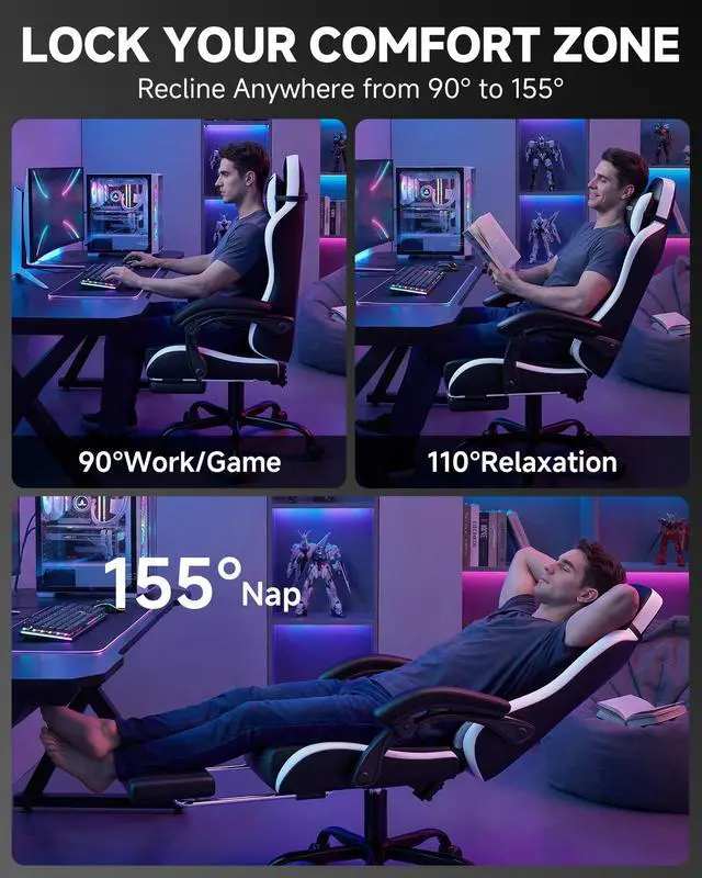 Alt view image 4 of 6 - Gaming Chair for Adults, Ergonomic Computer Gaming Chair with Footrest, Height Adjustable, 90-155° Recline & Removable Headrest Lumbar Support, Snow White