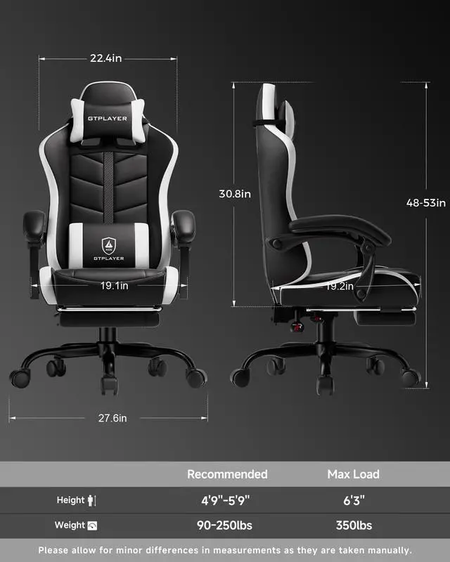 Alt view image 5 of 6 - Gaming Chair for Adults, Ergonomic Computer Gaming Chair with Footrest, Height Adjustable, 90-155° Recline & Removable Headrest Lumbar Support, Snow White