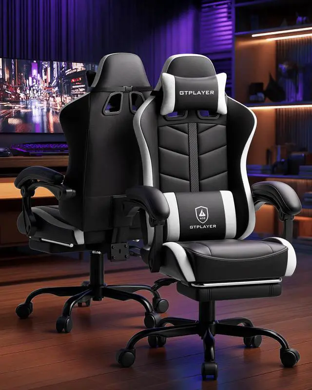 Alt view image 6 of 6 - Gaming Chair for Adults, Ergonomic Computer Gaming Chair with Footrest, Height Adjustable, 90-155° Recline & Removable Headrest Lumbar Support, Snow White