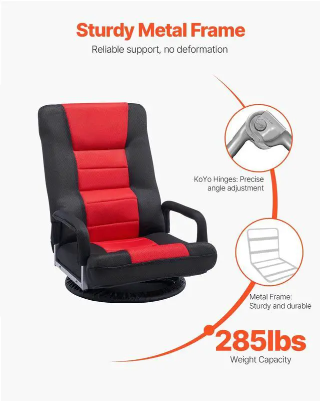Alt view image 4 of 6 - Swivel Floor Gaming Chair with Armrests, 360-Degree Rotating Floor Chair with 6 Adjustable Position Folding Backrest and Lumbar Support, Folding Video Reclining Sofa for TV Reading, Red Black