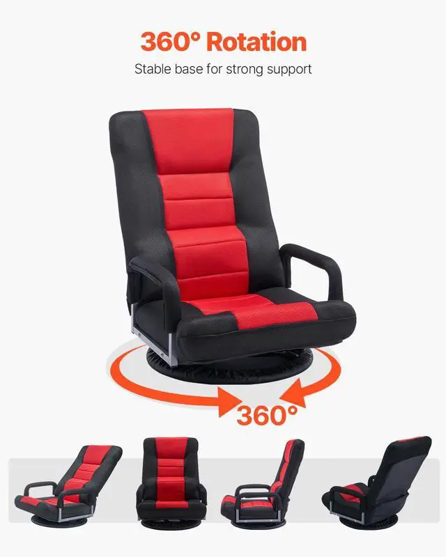 Alt view image 5 of 6 - Swivel Floor Gaming Chair with Armrests, 360-Degree Rotating Floor Chair with 6 Adjustable Position Folding Backrest and Lumbar Support, Folding Video Reclining Sofa for TV Reading, Red Black