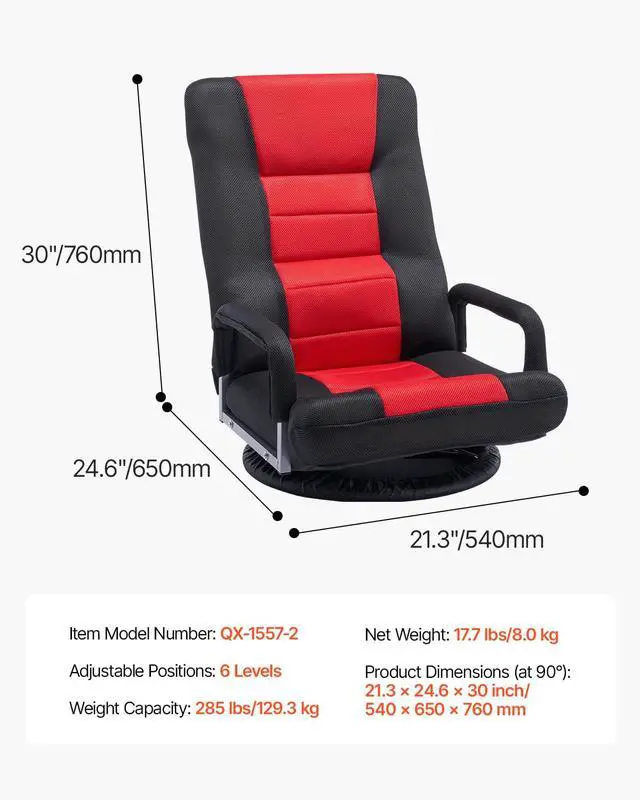 Alt view image 6 of 6 - Swivel Floor Gaming Chair with Armrests, 360-Degree Rotating Floor Chair with 6 Adjustable Position Folding Backrest and Lumbar Support, Folding Video Reclining Sofa for TV Reading, Red Black