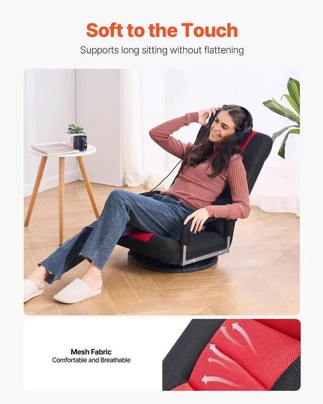Alt view image 3 of 6 - Swivel Floor Gaming Chair with Armrests, 360-Degree Rotating Floor Chair with 6 Adjustable Position Folding Backrest and Lumbar Support, Folding Video Reclining Sofa for TV Reading, Red Black