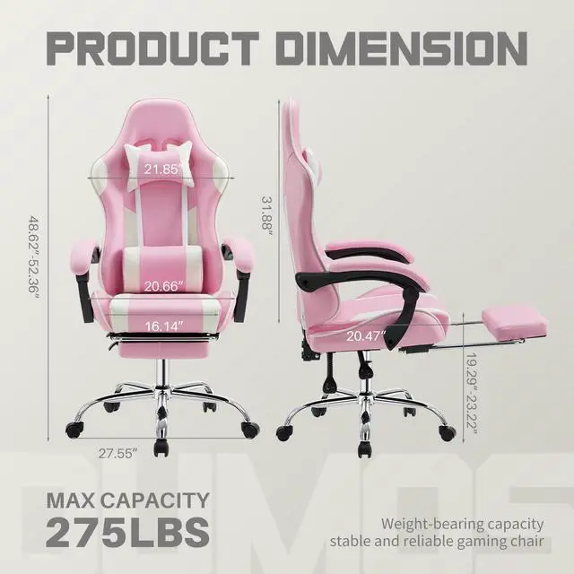 Alt view image 2 of 7 - Ergonomic Gaming Office Desk Chair with Footrest and Headrest for Adults, PU Leather Video Computer Chair with Linkage Armrests, Height Adjustable 360° Swivel Recling Chair, White Pink