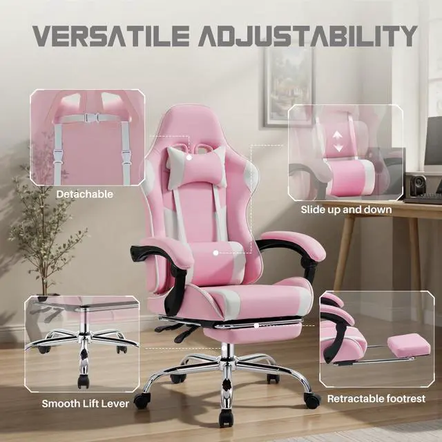 Alt view image 5 of 7 - Ergonomic Gaming Office Desk Chair with Footrest and Headrest for Adults, PU Leather Video Computer Chair with Linkage Armrests, Height Adjustable 360° Swivel Recling Chair, White Pink