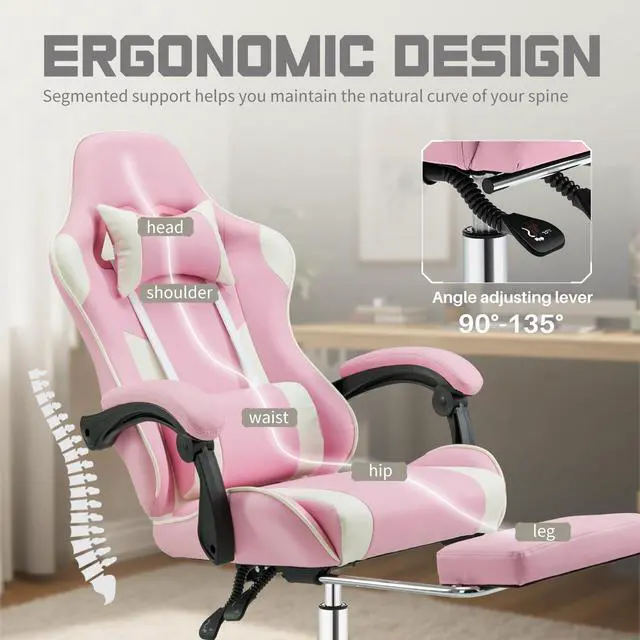Alt view image 4 of 7 - Ergonomic Gaming Office Desk Chair with Footrest and Headrest for Adults, PU Leather Video Computer Chair with Linkage Armrests, Height Adjustable 360° Swivel Recling Chair, White Pink