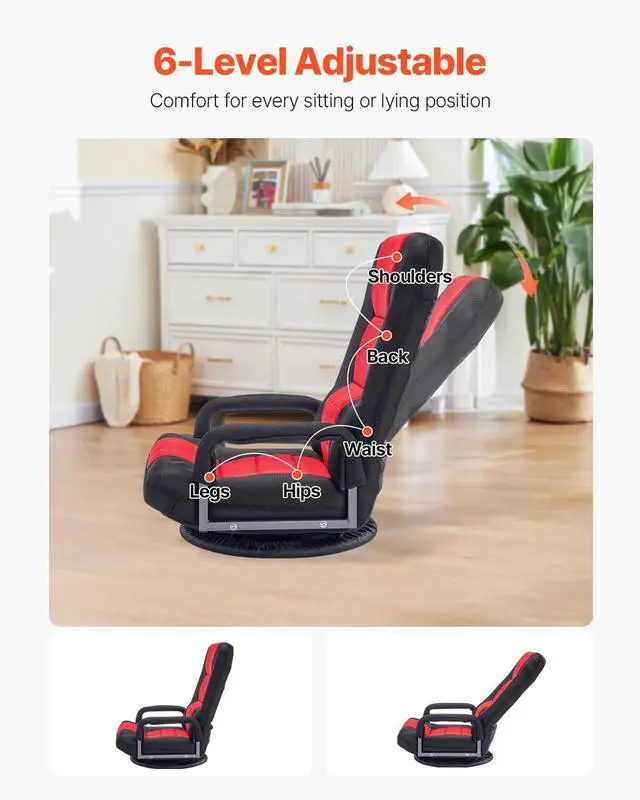 Alt view image 2 of 6 - Swivel Floor Gaming Chair with Armrests, 360-Degree Rotating Floor Chair with 6 Adjustable Position Folding Backrest and Lumbar Support, Folding Video Reclining Sofa for TV Reading, Red Black