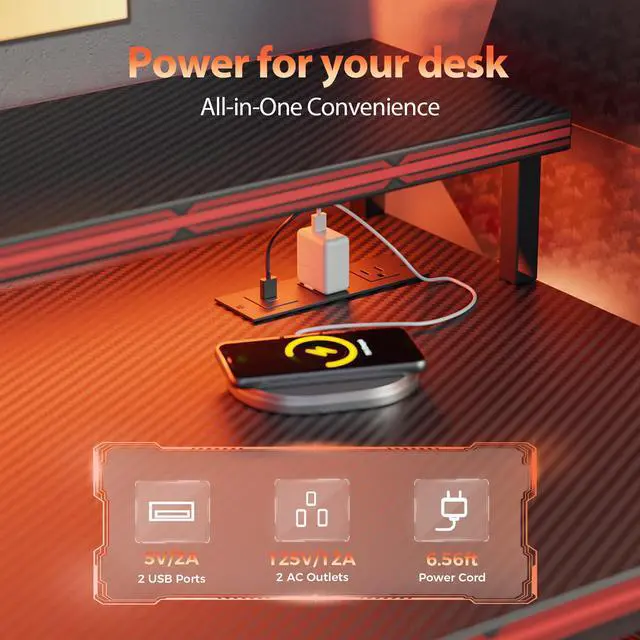 Alt view image 2 of 5 - Gaming Desk with Power Outlets & LED Lights, Reversible Computer Desk with PC Case Stand, Fabric Drawers, Modern Office Desk with Shelves, Monitor Stand