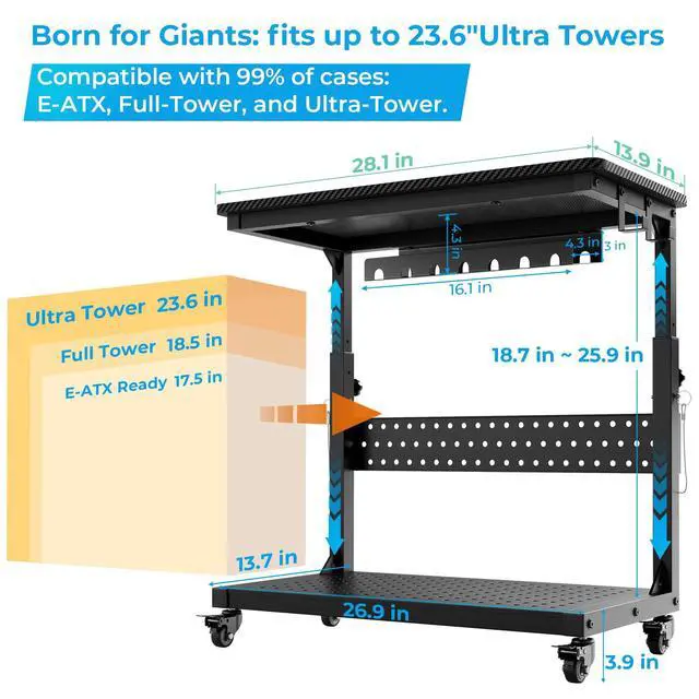 Alt view image 2 of 7 - Heavy Duty Computer Tower Stand with Wheels, Rolling PC Cart for Gaming, 5-Height Adjustable Full Tower PC Stand with Cable Management, Industrial Casters Home Office, Carbon Fiber Black
