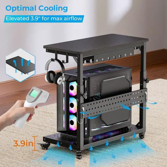 Alt view image 7 of 7 - Heavy Duty Computer Tower Stand with Wheels, Rolling PC Cart for Gaming, 5-Height Adjustable Full Tower PC Stand with Cable Management, Industrial Casters Home Office, Carbon Fiber Black