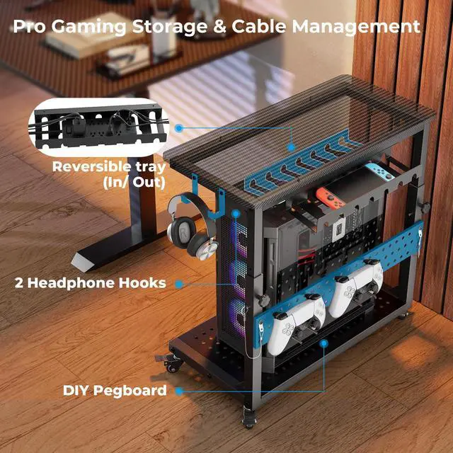 Alt view image 5 of 7 - Heavy Duty Computer Tower Stand with Wheels, Rolling PC Cart for Gaming, 5-Height Adjustable Full Tower PC Stand with Cable Management, Industrial Casters Home Office, Carbon Fiber Black