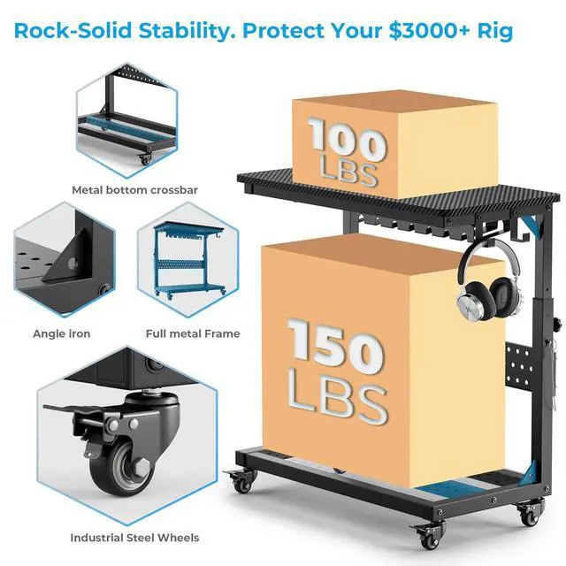 Alt view image 3 of 7 - Heavy Duty Computer Tower Stand with Wheels, Rolling PC Cart for Gaming, 5-Height Adjustable Full Tower PC Stand with Cable Management, Industrial Casters Home Office, Carbon Fiber Black