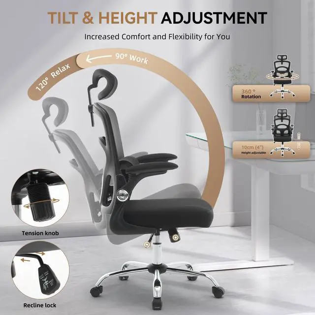 Alt view image 2 of 5 - Office Chair Ergonomic Desk Chair - Home Mesh Office Desk Chair with Wheels, High-Back Computer Gaming Chair with Adjustable Headrest, Rolling Swivel Task Chairs for Home, Office, Gaming Room, Black
