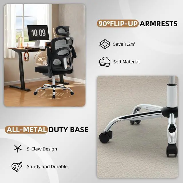 Alt view image 4 of 5 - Office Chair Ergonomic Desk Chair - Home Mesh Office Desk Chair with Wheels, High-Back Computer Gaming Chair with Adjustable Headrest, Rolling Swivel Task Chairs for Home, Office, Gaming Room, Black
