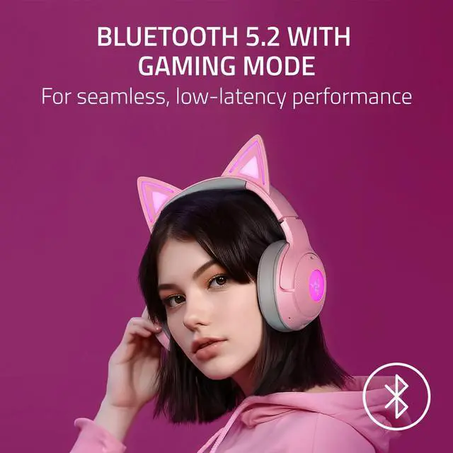 Alt view image 3 of 7 - Kraken Kitty V2 BT Wireless RGB Headset: Chroma RGB Kitty Ears & Earcups - Bluetooth 5.2-40 mm Drivers - Noise-Cancelling Mics - Lightweight - 40 Hr Battery w/Type C Charging - Quartz Pink
