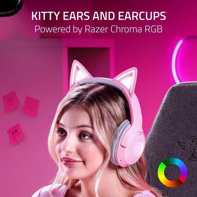 Alt view image 2 of 7 - Kraken Kitty V2 BT Wireless RGB Headset: Chroma RGB Kitty Ears & Earcups - Bluetooth 5.2-40 mm Drivers - Noise-Cancelling Mics - Lightweight - 40 Hr Battery w/Type C Charging - Quartz Pink