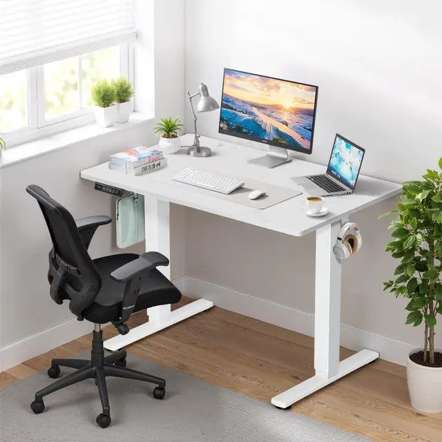 Alt view image 2 of 7 - 48 x 24 in Electric Standing Desk - Memory Height Adjustable Ergonomic Sit-to-Stand Rising Computer Table Gaming Workstations with 2 Hooks and Wire Hole for Home Office, White