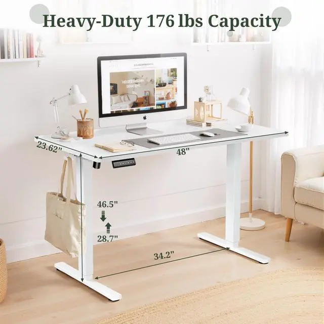 Alt view image 3 of 7 - 48 x 24 in Electric Standing Desk - Memory Height Adjustable Ergonomic Sit-to-Stand Rising Computer Table Gaming Workstations with 2 Hooks and Wire Hole for Home Office, White