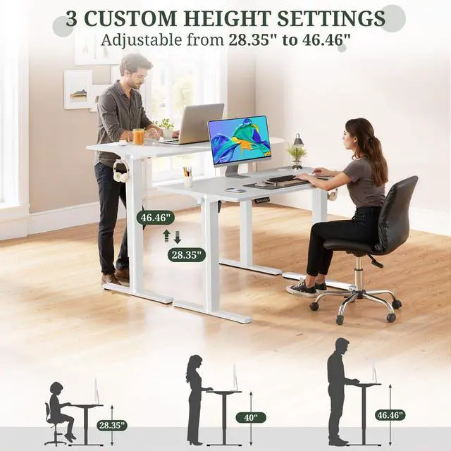 Alt view image 4 of 7 - 48 x 24 in Electric Standing Desk - Memory Height Adjustable Ergonomic Sit-to-Stand Rising Computer Table Gaming Workstations with 2 Hooks and Wire Hole for Home Office, White