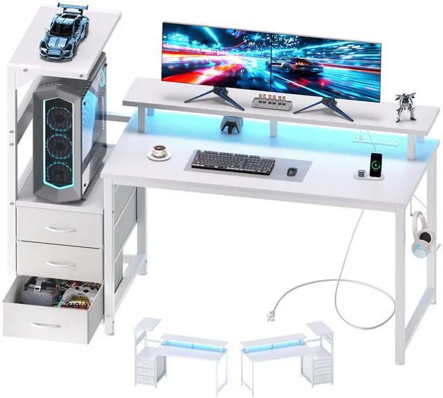 Main image of L Shaped Gaming Desk with Shelves Storage Drawers 52'', White Computer Desks with LED Lights Power Outlets, Office Wood Table with PC Stand Cable Management for Bedroom Dual Monitor Streaming