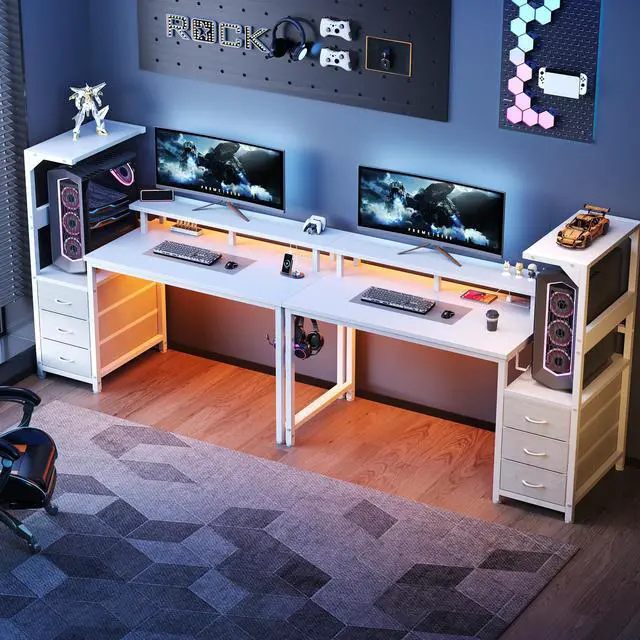 Alt view image 2 of 7 - L Shaped Gaming Desk with Shelves Storage Drawers 52'', White Computer Desks with LED Lights Power Outlets, Office Wood Table with PC Stand Cable Management for Bedroom Dual Monitor Streaming