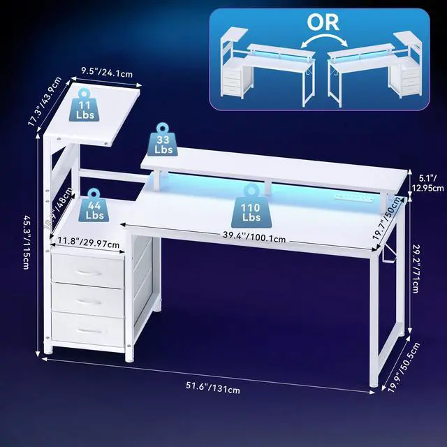 Alt view image 3 of 7 - L Shaped Gaming Desk with Shelves Storage Drawers 52'', White Computer Desks with LED Lights Power Outlets, Office Wood Table with PC Stand Cable Management for Bedroom Dual Monitor Streaming
