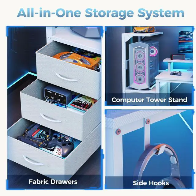 Alt view image 6 of 7 - L Shaped Gaming Desk with Shelves Storage Drawers 52'', White Computer Desks with LED Lights Power Outlets, Office Wood Table with PC Stand Cable Management for Bedroom Dual Monitor Streaming