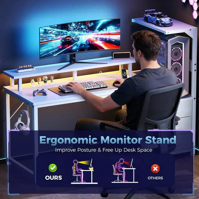 Alt view image 7 of 7 - L Shaped Gaming Desk with Shelves Storage Drawers 52'', White Computer Desks with LED Lights Power Outlets, Office Wood Table with PC Stand Cable Management for Bedroom Dual Monitor Streaming