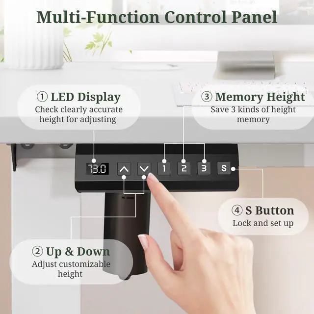 Alt view image 6 of 7 - 48 x 24 in Electric Standing Desk - Memory Height Adjustable Ergonomic Sit-to-Stand Rising Computer Table Gaming Workstations with 2 Hooks and Wire Hole for Home Office, White