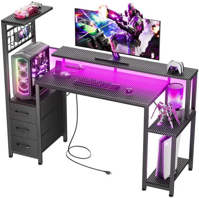 Main image of 48 Inch Gaming Desk with LED Lights & Power Outlets,Computer Desk with Fabric Drawers & Side Hook,Reversible Gamer Table with Monitor Stand for Game Room,Home Office,Carbon Fiber Black