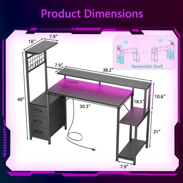 Alt view image 2 of 6 - 48 Inch Gaming Desk with LED Lights & Power Outlets,Computer Desk with Fabric Drawers & Side Hook,Reversible Gamer Table with Monitor Stand for Game Room,Home Office,Carbon Fiber Black