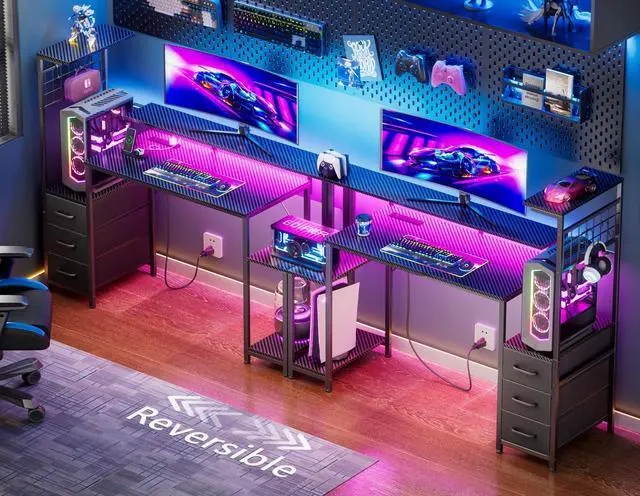Alt view image 5 of 6 - 48 Inch Gaming Desk with LED Lights & Power Outlets,Computer Desk with Fabric Drawers & Side Hook,Reversible Gamer Table with Monitor Stand for Game Room,Home Office,Carbon Fiber Black