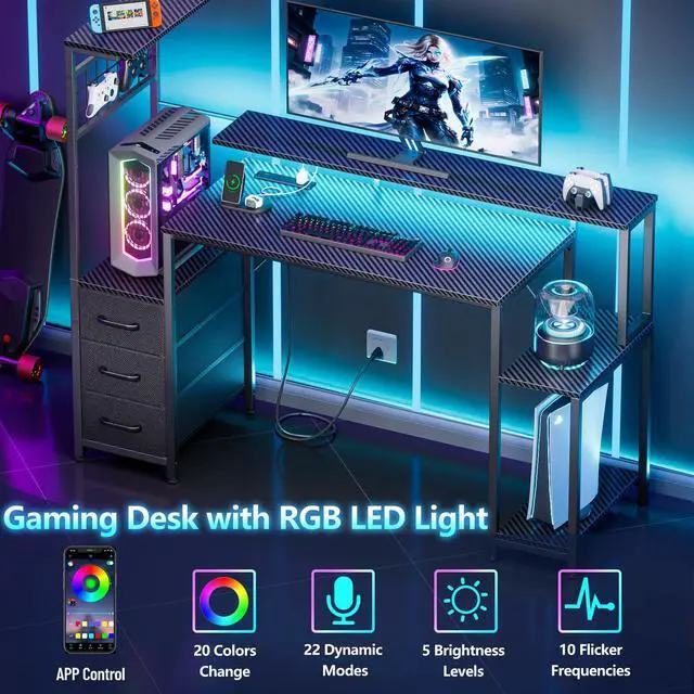 Alt view image 3 of 6 - 48 Inch Gaming Desk with LED Lights & Power Outlets,Computer Desk with Fabric Drawers & Side Hook,Reversible Gamer Table with Monitor Stand for Game Room,Home Office,Carbon Fiber Black