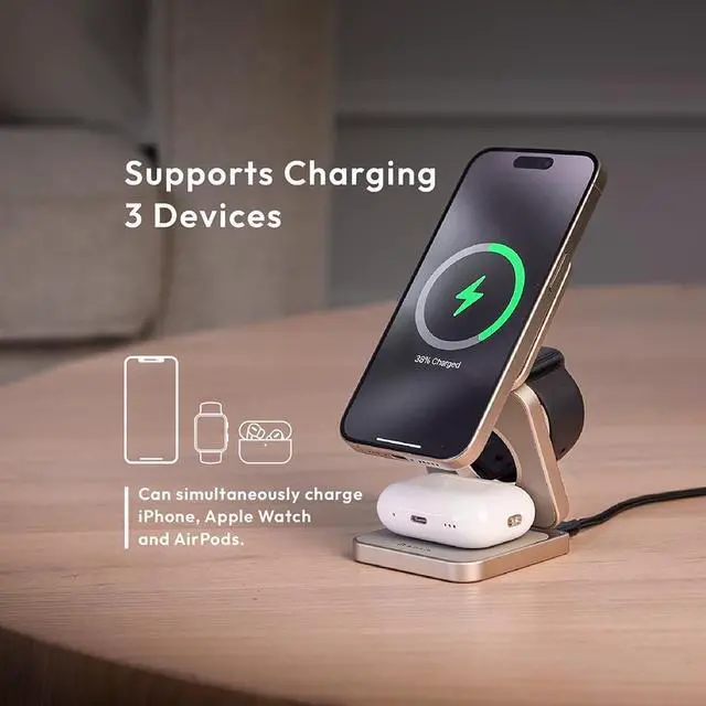 Alt view image 3 of 3 - Mag 3 Pro Qi2 3-in-1 Foldable Travel Charging Station, 15W Fast Wireless Charger for iPhone 17 16 15 14 13 12, Apple Watch & AirPods, Compact Magnetic Dock for Desk & Travel (Gray)