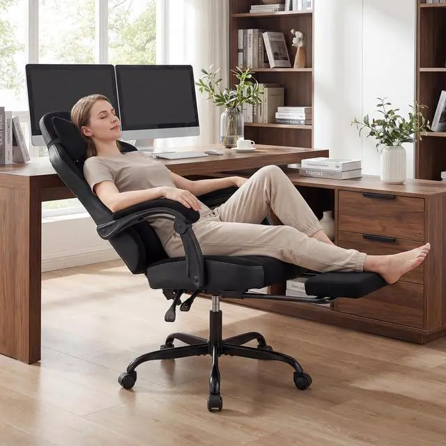 Alt view image 2 of 6 - Gaming Chair, Faux Fur Computer Chair with Headrest, Lumbar Support, Reclining Backrest & Footrest, High Back Rolling Swivel Ergonomic Office Chair, Video Game Chair, Black
