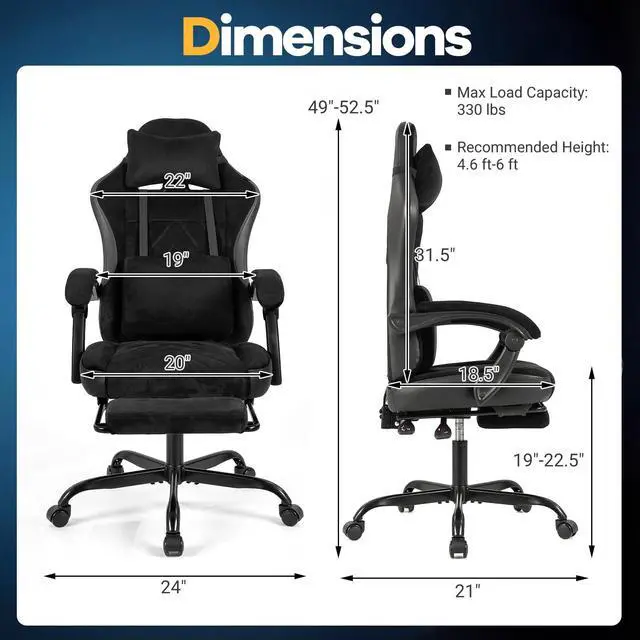 Alt view image 3 of 6 - Gaming Chair, Faux Fur Computer Chair with Headrest, Lumbar Support, Reclining Backrest & Footrest, High Back Rolling Swivel Ergonomic Office Chair, Video Game Chair, Black