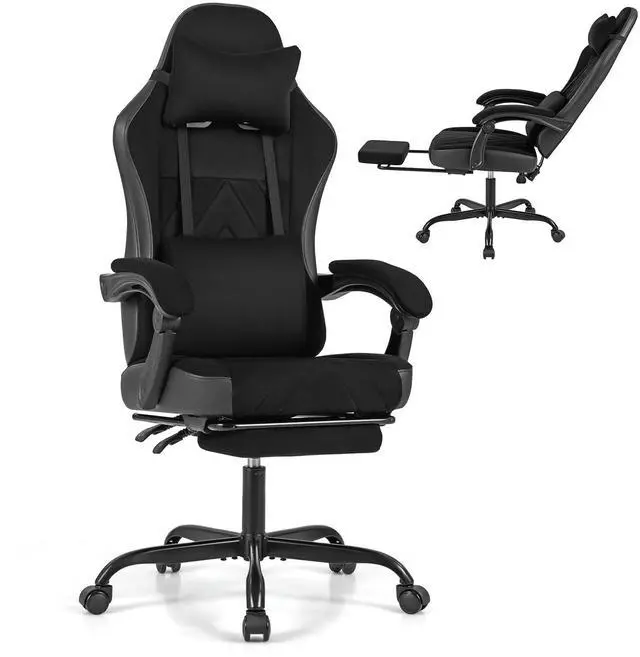 Main image of Gaming Chair, Faux Fur Computer Chair with Headrest, Lumbar Support, Reclining Backrest & Footrest, High Back Rolling Swivel Ergonomic Office Chair, Video Game Chair, Black