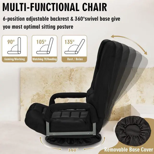 Alt view image 4 of 6 - Swivel Floor Gaming Chair w/Armrests, Folding Video Reclining Sofa w/6 Adjustable Position, Padded Backrest & Cushion, Lazy Lounger Couch for E-Sports, Reading, Relaxing, Watching TV, Black