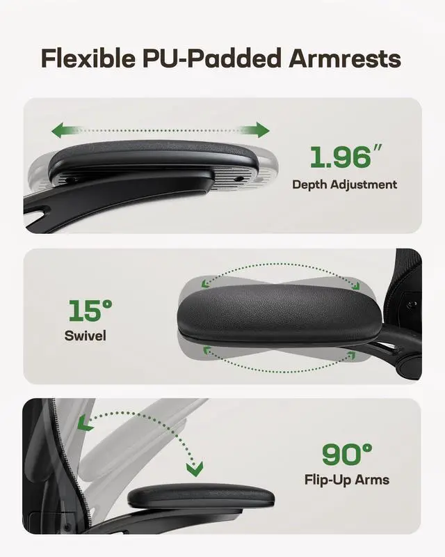 Alt view image 3 of 5 - Ergonomic Office Chair with Adjustable Lumbar Support, 3-Way PU Armrests & Breathable Mesh for Home Office and Gaming
