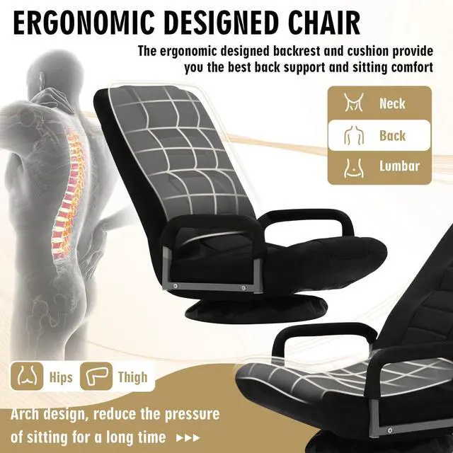 Alt view image 5 of 6 - Swivel Floor Gaming Chair w/Armrests, Folding Video Reclining Sofa w/6 Adjustable Position, Padded Backrest & Cushion, Lazy Lounger Couch for E-Sports, Reading, Relaxing, Watching TV, Black