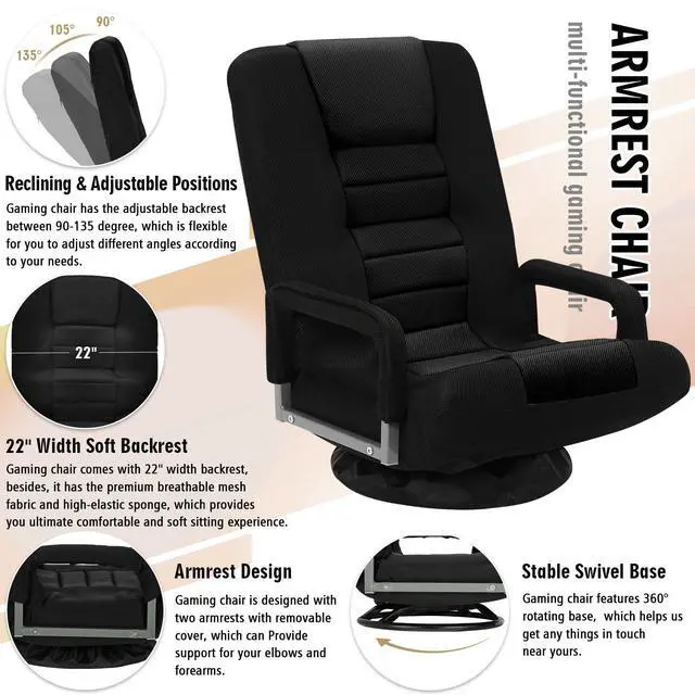 Alt view image 6 of 6 - Swivel Floor Gaming Chair w/Armrests, Folding Video Reclining Sofa w/6 Adjustable Position, Padded Backrest & Cushion, Lazy Lounger Couch for E-Sports, Reading, Relaxing, Watching TV, Black