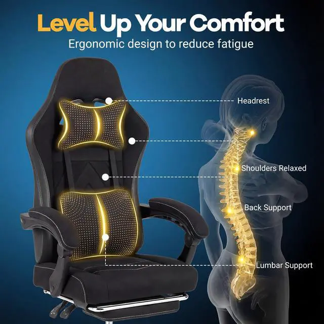 Alt view image 4 of 6 - Gaming Chair, Faux Fur Computer Chair with Headrest, Lumbar Support, Reclining Backrest & Footrest, High Back Rolling Swivel Ergonomic Office Chair, Video Game Chair, Black