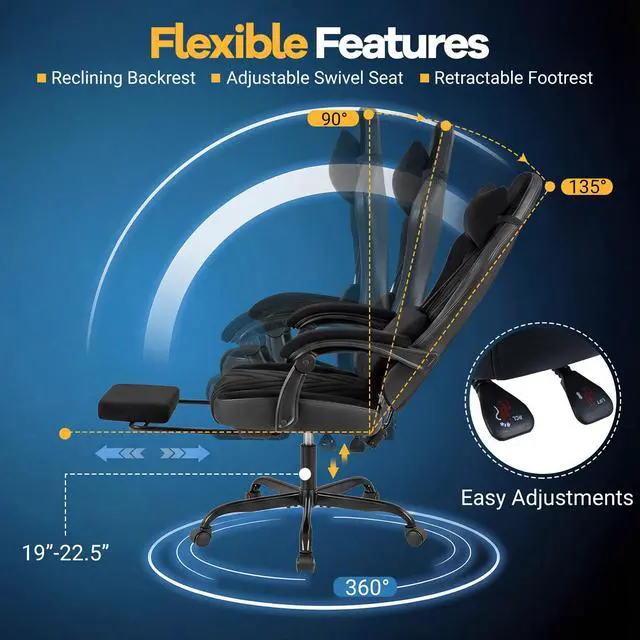 Alt view image 5 of 6 - Gaming Chair, Faux Fur Computer Chair with Headrest, Lumbar Support, Reclining Backrest & Footrest, High Back Rolling Swivel Ergonomic Office Chair, Video Game Chair, Black