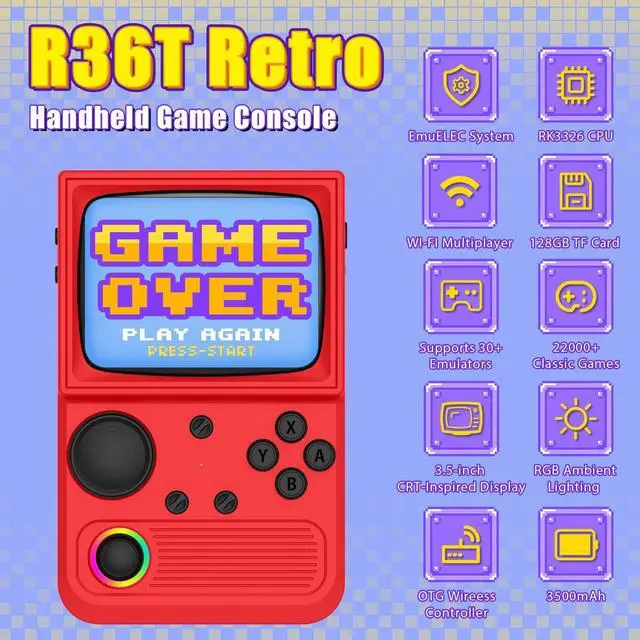 Alt view image 2 of 5 - R36T Retro Gaming Console, 3.5''IPS Screen CRT-Inspired, Handheld Game Console 64GB with 18000+ Classic Games Supports WiFi Networked Fighting and OTG, 3500mAh Battery,with Portable Case(Red 128GB)