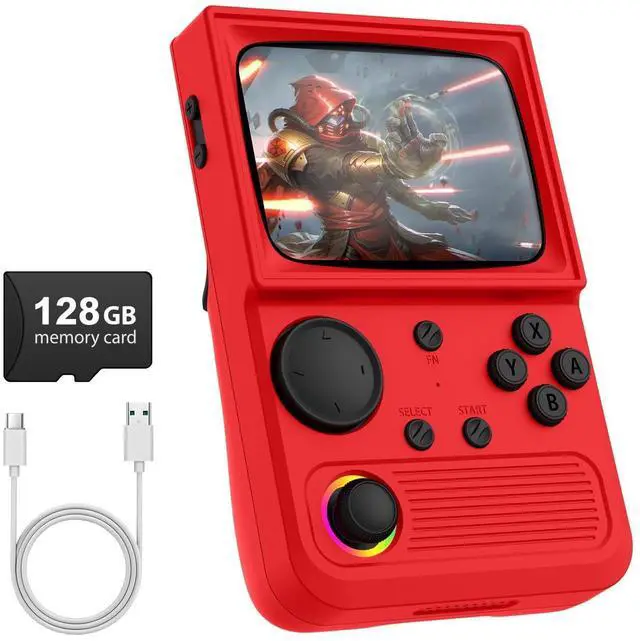 Main image of R36T Retro Gaming Console, 3.5''IPS Screen CRT-Inspired, Handheld Game Console 64GB with 18000+ Classic Games Supports WiFi Networked Fighting and OTG, 3500mAh Battery,with Portable Case(Red 128GB)